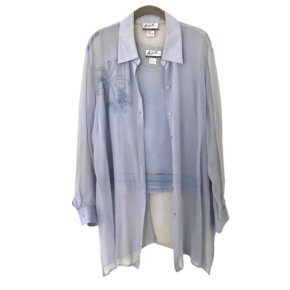 THE LOOK Gray Silk Sheer Blouse and Top Set w/ Embroidered Flower Detail Size 16